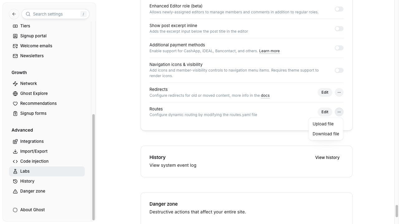 Ghost Labs Routes row with its three-dot menu open, showing Upload file and Download file