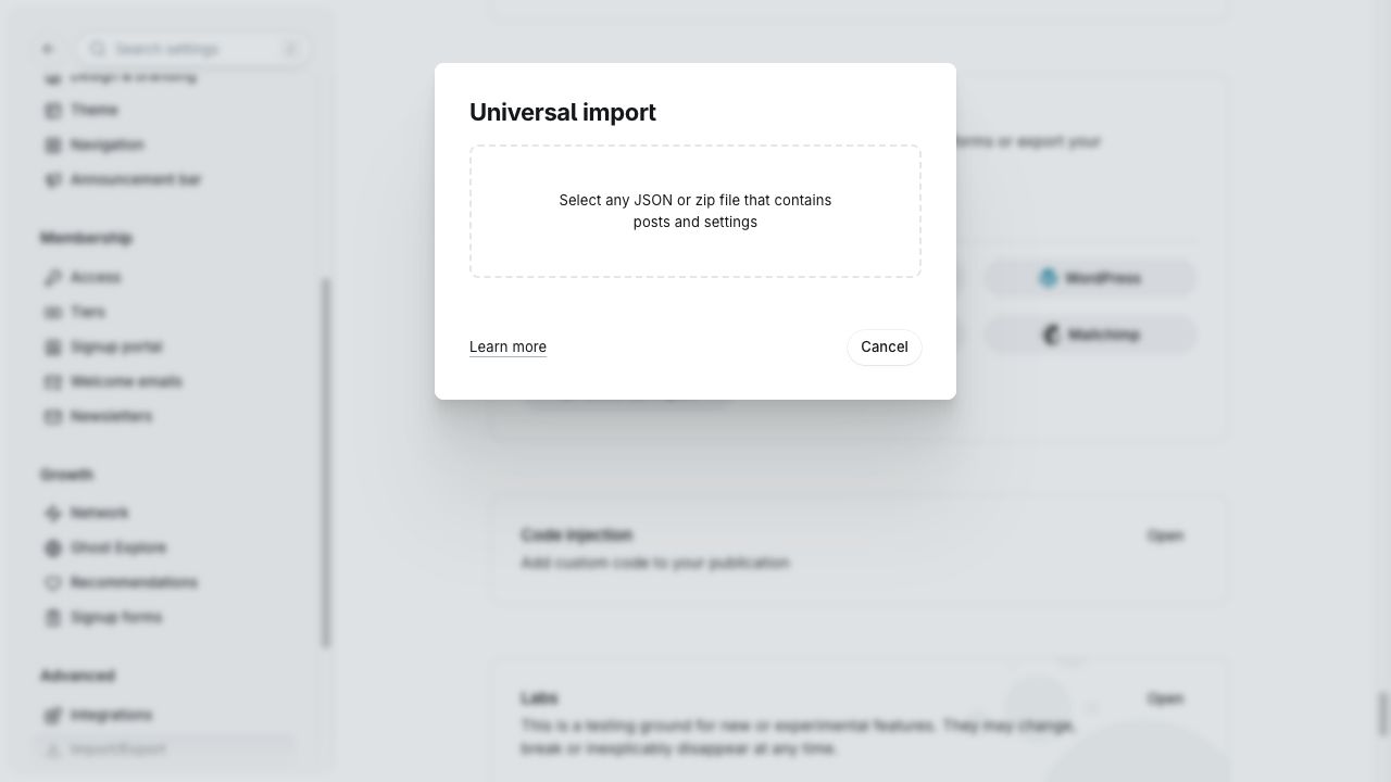 Ghost Admin Universal import dialog with the JSON or ZIP upload area