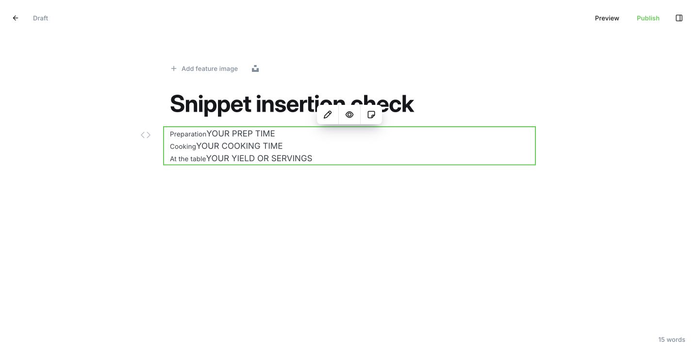 Optional Recipe facts HTML card selected in Ghost editor with Edit and Save as snippet controls