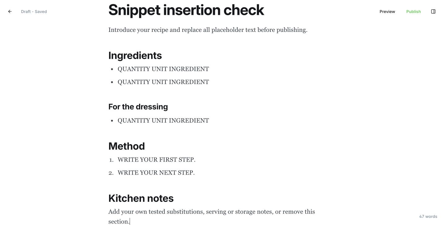 Ghost editor with native Ingredients and Method headings and editable lists