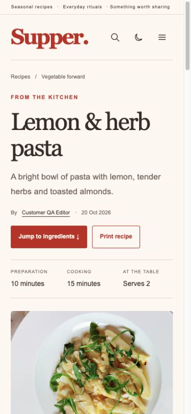 Recipe reader on a narrow screen with cooking facts, contents and Focus mode