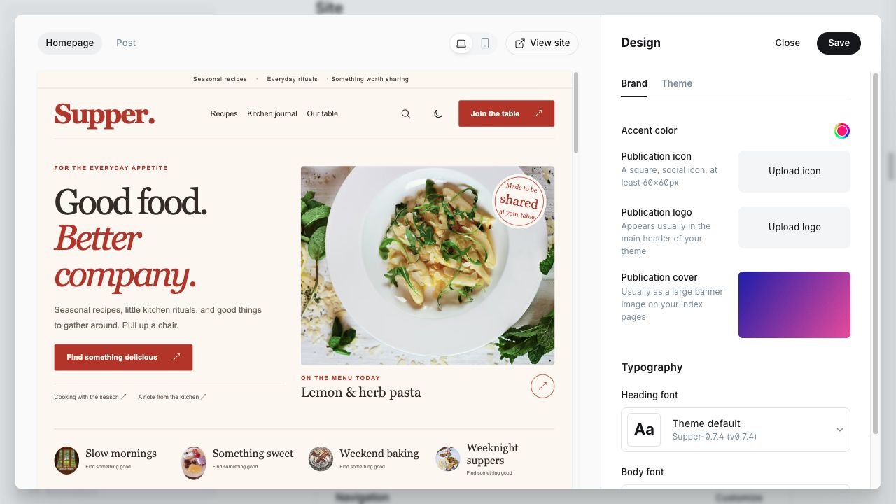 Ghost Admin Brand tab with publication icon, logo, accent color and Typography controls
