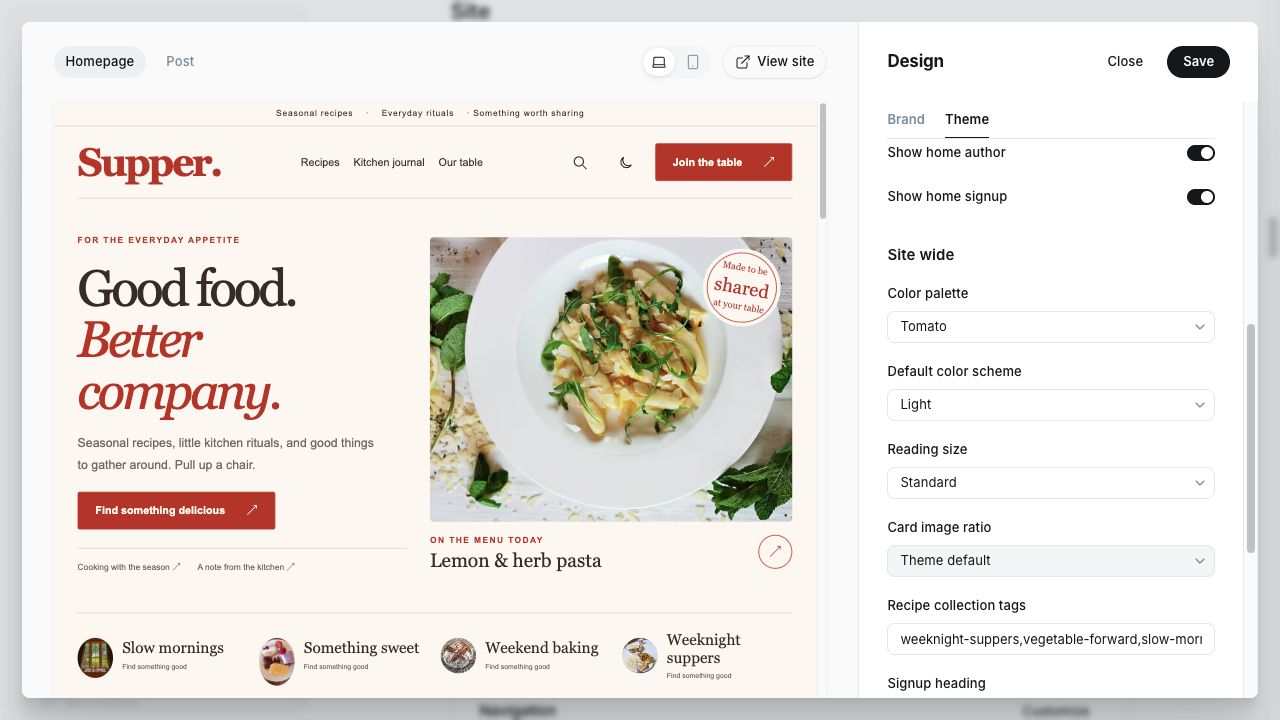 Supper Site wide settings for palette, default color scheme, reading size, card ratio and collection tags
