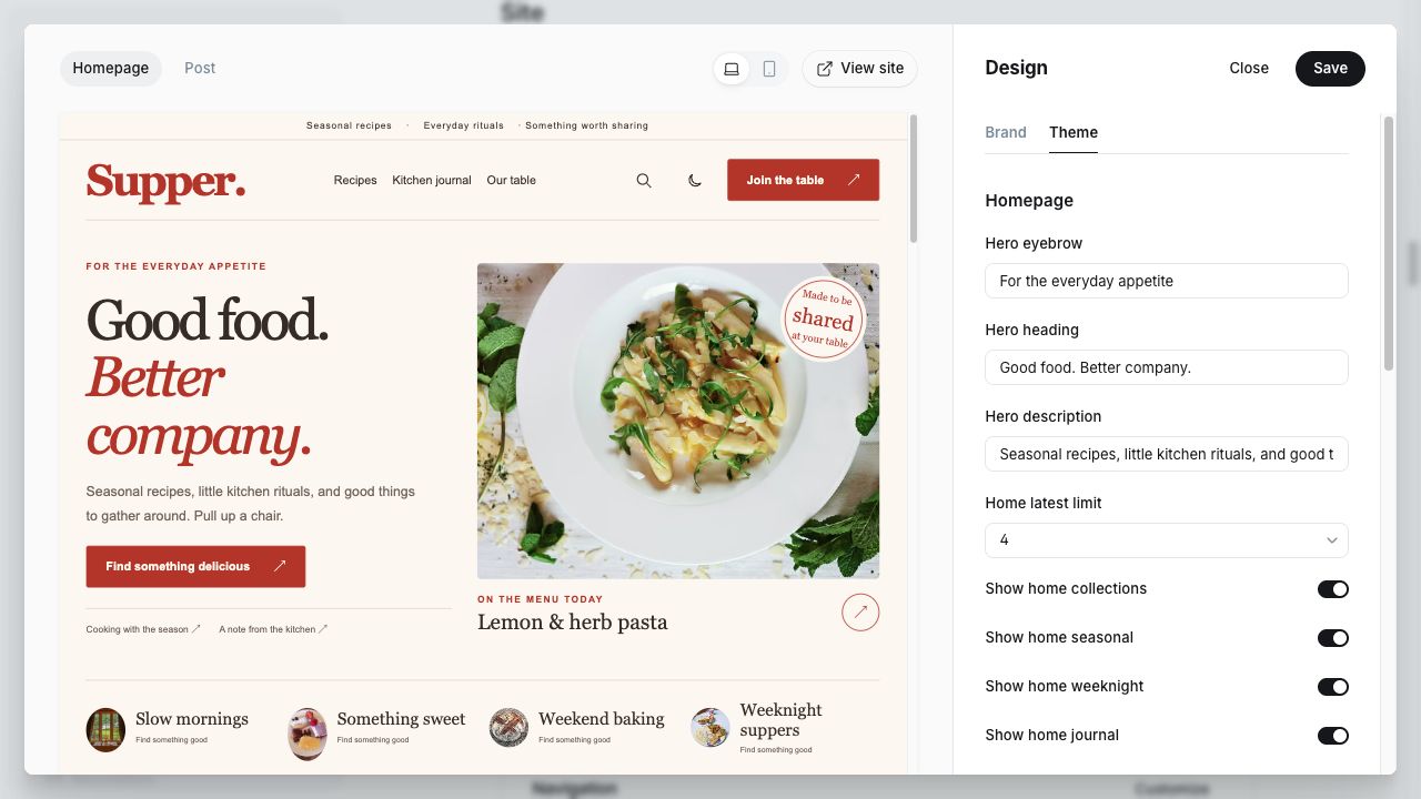 Supper Homepage settings showing Hero eyebrow, Hero heading, Hero description and Home latest limit