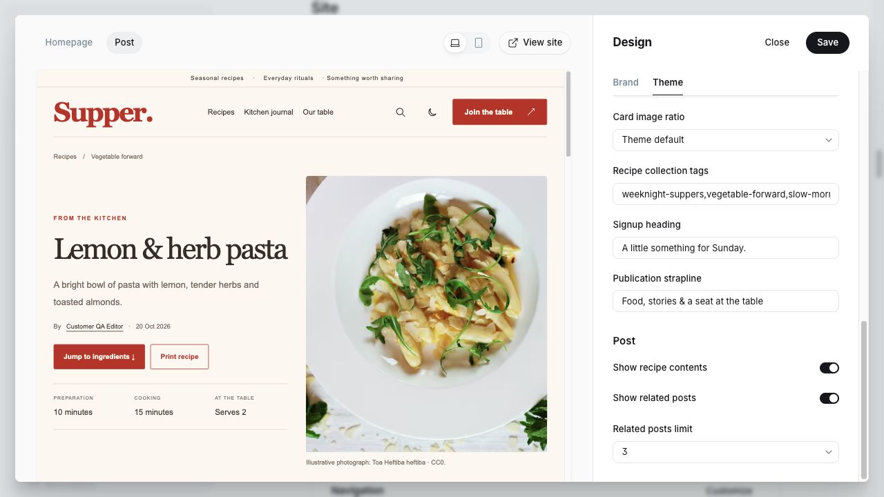Supper Site wide text fields and Post settings with the recipe preview selected